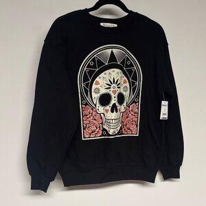 Wound Up Black Sweatshirt with Skull and Rose Design